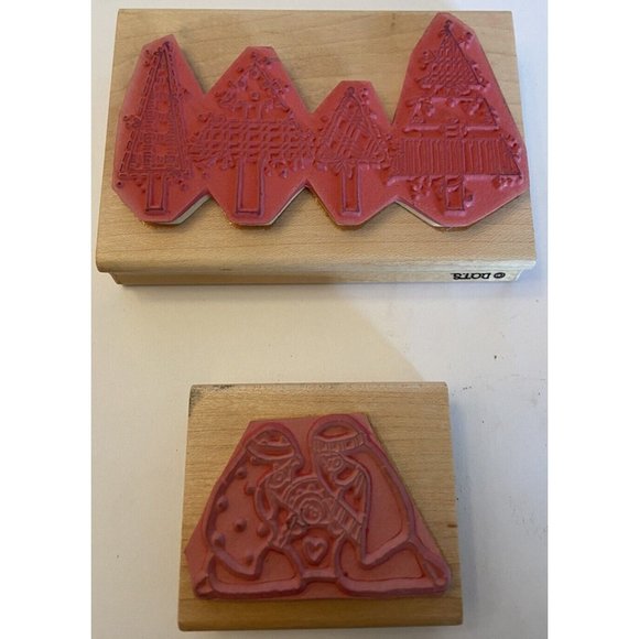 2 wood mounted rubber stamps Christmas trees and Nativity DOTS and JRL Design - Picture 2 of 3